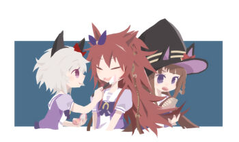 3girls animal_ears animal_hat beer_hsk black_hat blue_background bow braid brown_hair brushing_another's_hair brushing_hair closed_eyes closed_mouth commentary_request cropped_torso curren_chan_(umamusume) ear_bow ear_ribbon fake_animal_ears grey_hair hair_between_eyes hair_brush hair_rings hat horse_ears long_hair multiple_girls open_mouth orfevre_(old_design)_(umamusume) profile puffy_short_sleeves puffy_sleeves purple_bow purple_eyes purple_ribbon purple_shirt red_bow ribbon school_uniform shirt short_sleeves smile sweep_tosho_(umamusume) tracen_school_uniform two-tone_background umamusume upper_body very_long_hair wavy_mouth white_background witch_hat
