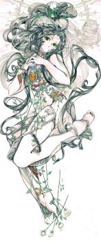 Rule 34 | 1girl, black hair, flower, green eyes, jewelry, original, solo, soshi1234, white background