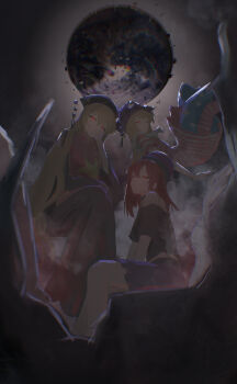 3girls absurdres american_flag american_flag_legwear american_flag_print american_flag_shirt black_dress black_shirt blonde_hair clownpiece commentary_request dalachi_(headdress) dress earth_(planet) flag_print floating_hair glowing glowing_eyes hat hecatia_lapislazuli highres junko_(touhou) long_hair long_sleeves looking_at_viewer medium_hair multiple_girls off-shoulder_shirt off_shoulder planet print_shirt red_eyes red_hair red_tabard shirt t-shirt tabard touhou umbrella3650 underworld_(ornament) very_long_hair