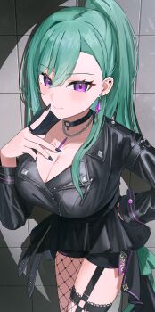 1girl absurdres asymmetrical_legwear black_choker black_jacket black_nails black_shorts black_skirt breasts choker cleavage cowboy_shot ear_piercing earrings fishnet_pantyhose fishnets from_above garter_straps green_hair hair_between_eyes hand_on_own_hip highres jacket jewelry large_breasts leather leather_jacket mole mole_on_breast necklace overskirt pantyhose piercing ponytail purple_eyes ring ronununn shorts shorts_under_skirt single_detached_legging single_garter_strap skirt solo swept_bangs virtual_youtuber vspo! yakumo_beni