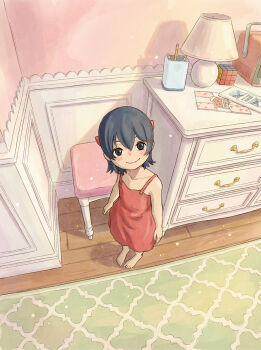 1girl absurdres barefoot bennet_(user_vmde2487) blue_eyes blue_hair blush_stickers cabinet chair closed_mouth commentary_request dress full_body highres lamp magazine_(object) miside mita_(miside) orange_dress pencil rubik's_cube short_hair smile solo standing sundress table tiny_mita_(miside) toes wooden_floor