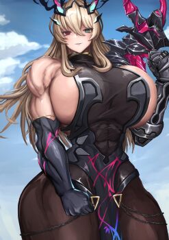 1girl abs barghest_(fate) barghest_(second_ascension)_(fate) blonde_hair breasts brown_pantyhose commentary_request detached_sleeves fate/grand_order fate_(series) green_eyes heterochromia highres huge_breasts justice_haruka long_hair looking_at_viewer muscular muscular_female pantyhose red_eyes sideboob smile solo