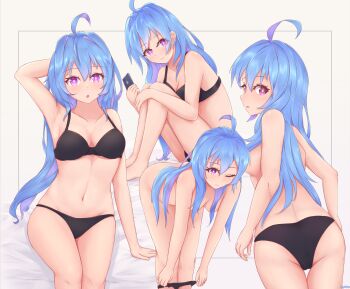 1girl absurdres ahoge armpits artist_name azur_lane bare_shoulders black_bra black_panties blue_hair bra breasts bright_pupils cellphone cleavage collarbone commentary english_commentary hair_between_eyes helena_(azur_lane) highres kyl490 long_hair looking_at_viewer medium_breasts multicolored_hair multiple_views navel one_eye_closed open_mouth panties phone purple_eyes signature smartphone stomach streaked_hair underwear underwear_only undressing white_pupils