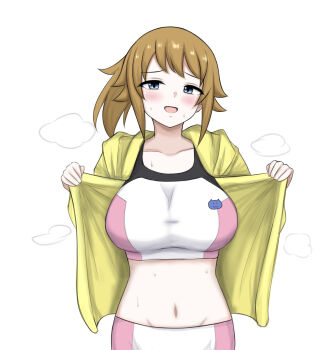 1girl aresta_(nourawaza) bike_shorts blue_eyes blush breasts brown_hair collarbone commentary_request cowboy_shot groin gundam gundam_build_fighters gundam_build_fighters_try highres hood hood_down hooded_jacket hoshino_fumina jacket large_breasts looking_at_viewer medium_hair midriff navel open_clothes open_jacket open_mouth partial_commentary pink_shorts pink_sports_bra ponytail shorts sidelocks simple_background solo sports_bra standing steaming_body sweat two-tone_sports_bra white_background white_shorts white_sports_bra yellow_jacket