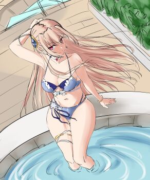 1girl absurdres arm_support arm_up bare_arms bare_shoulders bikini blonde_hair blue_bikini bracelet breasts choker cleavage closed_mouth collarbone earrings floating_hair from_above hair_between_eyes hair_ornament halterneck heaven_burns_red highres jewelry large_breasts long_hair looking_at_viewer medium_breasts mutsuki_(mutsuki0110) navel official_alternate_costume outdoors pool poolside red_eyes shirakawa_yuina sitting smile soaking_feet solo swimsuit thigh_gap thigh_strap thighlet very_long_hair water