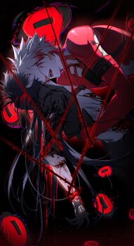 2boys absurdres arm_around_waist black_gloves black_hair black_jacket blood blood_on_arm commentary_request earrings eyeball fangs fingernails gloves hand_on_another&#039;s_head highres imminent_bite jacket jewelry long_hair male_focus male_rover_(wuthering_waves) multicolored_hair multiple_boys obscured_eyes open_mouth plant red_hair rover_(wuthering_waves) scar scar_(wuthering_waves) scar_on_face sharp_fingernails shirt short_hair sideways strangulation_mark stud_earrings tacet_mark_(wuthering_waves) torn_clothes upper_body vines watashi_wa_chibi white_hair wuthering_waves yaoi