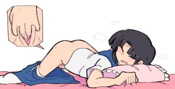 1girl =_= ass azuredairy bed_sheet black_hair blue_sailor_collar blue_skirt blush bottomless censored city_(arawi_keiichi) closed_eyes drooling female_masturbation makabe_matsuri masturbation open_mouth pillow pussy sailor_collar serafuku short_hair skirt socks solo steam sweat unworn_skirt white_background white_serafuku white_socks