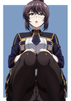 Rule 34 | 1girl, bespectacled, between breasts, black thighhighs, blue background, blue necktie, breasts, brown eyes, brown hair, glasses, hair between eyes, hand on own leg, highres, kage no jitsuryokusha ni naritakute!, kage no jitsuryokusha ni naritakute! master of garden, looking at viewer, makiri akira, medium breasts, midgar academy school uniform, necktie, necktie between breasts, nu (kagejitsu), open mouth, panties, round eyewear, school uniform, short hair, simple background, solo, spread legs, squatting, thighhighs, thighs, underwear, white panties, zettai ryouiki