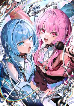 Rule 34 | absurdres, aqua eyes, aqua hair, aqua hood, aqua jacket, aqua pupils, aqua sleeves, aqua sweater vest, badge, bandai namco, bare shoulders, black collar, blurry, blurry foreground, breasts, button badge, character ornament, collar, collared shirt, commentary request, dot nose, eyelashes, gawako, glint, hair ornament, hairclip, highres, holding, holding microphone, hood, hood down, hooded jacket, ika (taiko no tatsujin), illy (wadiverse) (taiko no tatsujin), iridescent clothes, jacket, jewelry, kaya (wadiverse) (taiko no tatsujin), looking at viewer, medium breasts, microphone, necklace, necktie, official art, open mouth, pink hair, pink pupils, pink sleeves, pink sweater, purple necktie, purple skirt, rainbow, screentones, second-party source, shirt, sidelocks, silver chain, skirt, sleeveless, sleeveless shirt, sparkle, spiked collar, spikes, sweater, sweater vest, taiko no tatsujin, teeth, tongue, upper teeth only, vest, wada don, wada katsu, wing collar