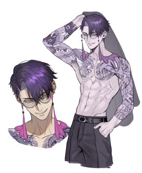 1boy abs absurdres arm_up belt belt_buckle black-framed_eyewear black_belt black_pants buckle chest_tattoo collarbone commentary_request corbeau_(pokemon) cropped_legs cropped_shoulders glasses grin groin hand_in_pocket haze_(ha_ze) highres holding holding_unworn_clothes male_focus multiple_views navel nintendo pants pectorals pokemon pokemon_legends:_z-a round_eyewear simple_background smile tassel tattoo toned toned_male white_background yellow_eyes