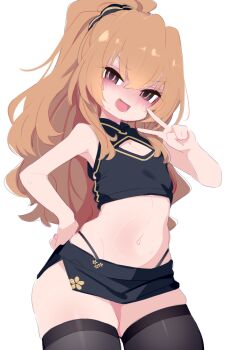1girl aisaka_taiga alternate_costume alternate_hairstyle bare_shoulders black_shirt black_skirt black_thighhighs blush brown_eyes brown_hair cleavage_cutout clothing_cutout cowboy_shot cropped_shirt dot_nose embarrassed empty_eyes female_focus flat_chest hand_on_own_hip hand_up highleg highleg_panties kukuchi581 loli long_hair looking_at_viewer matching_hair/eyes microskirt midriff nervous nervous_smile nervous_sweating panties ponytail shirt side_slit skindentation skirt sleeveless sleeveless_shirt smile solo sweat thighhighs toradora! underwear v wavy_hair