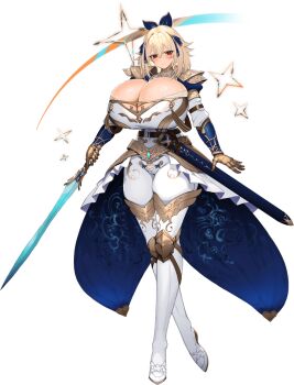 Rule 34 | 1girl, armor, armored gloves, blonde hair, blush, bow, breasts, cleavage, covered navel, elaine (kyonyuu fantasy burst), hair bow, hair ribbon, highres, holding, holding sword, holding weapon, huge breasts, kyonyuu fantasy, kyonyuu fantasy burst, looking to the side, medium hair, official art, pauldrons, red eyes, ribbon, sheath, shoulder armor, sword, tassel, weapon