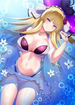 1girl afloat amamiya_kure bare_shoulders bemani bikini blonde_hair blunt_bangs blunt_ends breasts cat cleavage closed_mouth collarbone commentary_request day flower_on_liquid frilled_headwear from_above gem green_eyes hair_spread_out hand_up head_tilt highres innertube jewelry kougei_ciel_nana large_breasts layered_bikini lens_flare light_particles long_hair looking_at_viewer lying multicolored_stripes navel ocean orange_gem outdoors pendant see-through_clothes see-through_shawl shawl smile solo sound_voltex stomach striped_bikini striped_clothes swim_ring swimsuit thighs very_long_hair water wet white_bikini