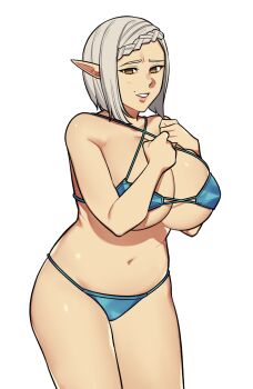 Rule 34 | 1girl, bikini, blue bikini, braid, breasts, bright pupils, brown eyes, elf, grey hair, huge breasts, mole, mole above mouth, navel, original, plump, pointy ears, shg (hiomaika), simple background, solo, swimsuit, teeth, thighs, white background, white pupils