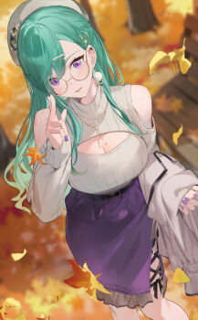 1girl absurdres adjusting_eyewear asymmetrical_bangs autumn_leaves bespectacled blurry blurry_background blush breasts cleavage cleavage_cutout clothing_cutout commentary_request earrings falling_leaves feet_out_of_frame glasses green_hair hair_ornament hairclip hat highres isaya_(pixiv4541633) jewelry leaf long_hair looking_at_viewer mole mole_on_breast nail_polish necklace outdoors purple_eyes purple_nails purple_skirt round_eyewear shoulder_cutout skirt solo virtual_youtuber vspo! yakumo_beni yakumo_beni_(3rd_costume)