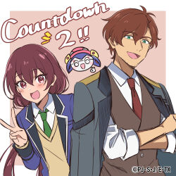 Rule 34 | artist request, beard stubble, blue jacket, blue necktie, brown hair, brown vest, collared shirt, countdown, crossed arms, facial hair, green eyes, grey jacket, hair between eyes, head tilt, highres, jacket, jacket on shoulders, looking at viewer, low twintails, necktie, official art, open mouth, oume mai, red eyes, red necktie, robot, school uniform, shinkalion: change the world, shinkalion (series), shirt, smile, stubble, takanawa kadomichi, twintails, v, vest, vina (shinkalion), yellow vest