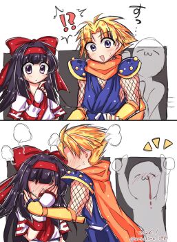 !? 1girl 2boys ainu_clothes arms_up artist_name blonde_hair blood blue_eyes blush breasts covering_own_face dated embarrassed galford_d_weller hair_over_eyes hair_ribbon height_difference highres hug japanese_clothes long_hair looking_at_viewer multiple_boys nakoruru ninja nosebleed open_mouth original purple_eyes purple_hair ribbon samurai_spirits scarf short_hair sitting small_breasts smile snk surprised sweatdrop thumbs_up tongue