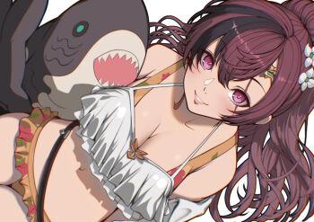 1girl animal bare_shoulders belt bikini bikini_under_clothes black_belt black_hair blush breasts camisole cleavage collarbone commentary_request crop_top floral_print floral_print_bikini flower frilled_bikini frills granblue_fantasy hair_between_eyes hair_flower hair_ornament headgear highres holding holding_animal large_breasts long_hair looking_at_viewer meg_(granblue_fantasy) midriff multicolored_hair navel official_alternate_costume parted_lips ponytail print_bikini red_eyes red_hair scar scar_across_eye scar_on_face shark shimashima_(simasima_23) sidelocks simple_background smile swimsuit two-tone_hair ursula_(granblue_fantasy) white_background white_camisole