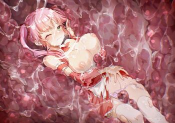 1girl armband bow bowtie breasts closed_mouth commentary_request commission crying detached_collar detached_sleeves dissolving_clothes frilled_armband frills green_eyes highres inside_creature large_breasts nipples one_eye_closed original panties pink_hair pink_panties red_bow red_bowtie red_skirt second-party_source skeb_commission skirt solo striped_clothes striped_panties tears thighhighs torn_clothes torn_skirt torn_thighhighs tsuyuki_yutaro twintails underwear vore wet white_thighhighs