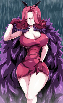 1girl absurdres breasts brown_eyes cape charlotte_galette cleavage commentary dress english_commentary fur_cape gloves highres large_breasts looking_at_viewer medium_hair one_piece purple_cape rain red_dress red_gloves red_hair solo sonson-sensei