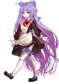 1girl absurdres animal_ears apron azur_lane bad_id bad_pixiv_id black_shoes blush brown_dress closed_mouth dress female_focus full_body hair_ornament hair_spread_out highres long_hair looking_at_viewer pioneer_neckerchief purple_hair russia school_uniform shoes simple_background smile solo soviet_school_uniform tashkent_(azur_lane) thighhighs white_apron white_background white_thighhighs zawijawa