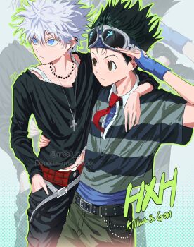Rule 34 | 2boys, alternate costume, arm on another's shoulder, belt, black belt, black hair, black pants, black shirt, blue eyes, blue gloves, brown eyes, character name, closed mouth, collared shirt, commentary, copyright name, cross, cross necklace, ear piercing, earrings, fingerless gloves, gloves, goggles, goggles on head, gon freecss, green outline, green pants, grey belt, hand on another's waist, highres, hunter x hunter, jewelry, killua zoldyck, loose belt, male focus, midriff peek, multiple boys, multiple necklaces, necklace, necktie, nnaa0 o, outline, pants, piercing, polka dot, red necktie, shirt, short hair, twitter username, untranslatable commentary, white hair, zoom layer