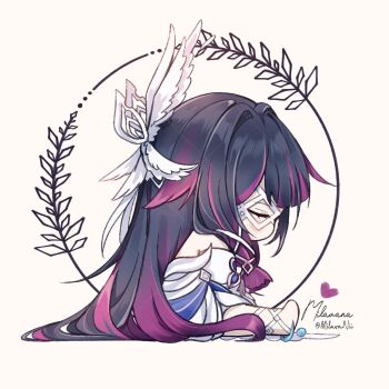 1girl black_hair blush chibi chibi_only closed_eyes columbina_(genshin_impact) commentary dress eye_mask full_body genshin_impact hair_ornament highres long_hair long_sidelocks mask milavana purple_hair sidelocks signature sitting solo symbol-only_commentary twitter_username very_long_hair white_background white_dress wing_hair_ornament