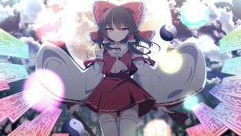 Rule 34 | 1girl, absurdres, ascot, between fingers, bow, brown hair, closed mouth, cloud, collared shirt, commentary request, cowboy shot, danmaku, darumoon, detached sleeves, expressionless, frilled bow, frilled hair tubes, frilled shirt collar, frills, full moon, gohei, hair between eyes, hair tubes, hakurei reimu, highres, holding, holding gohei, holding ofuda, long hair, long sleeves, looking at viewer, moon, ofuda, orb, outdoors, red bow, red ribbon, red shirt, red skirt, ribbon, ribbon-trimmed skirt, ribbon-trimmed sleeves, ribbon-trimmed thighhighs, ribbon trim, shirt, skirt, sleeveless, sleeveless shirt, solo, thighhighs, touhou, white ribbon, white sleeves, white thighhighs, wide sleeves, yellow ascot, yin yang, yin yang orb, yin yang print