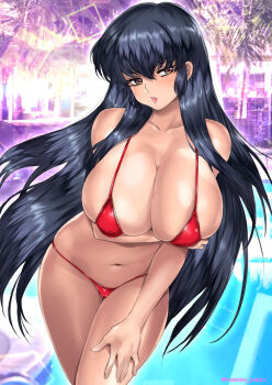 80s bikini black_hair blush breast_focus breasts brown_eyes building highres huge_breasts imminent_penetration large_breasts lipstick long_hair looking_at_viewer makeup oldschool outdoors oyaman palm_tree pink_lips pool pussy pussy_visible_through_panties red_bikini retro_artstyle sakura_(urusei_yatsura) sunlight sunlight_rays swimsuit tree urusei_yatsura water