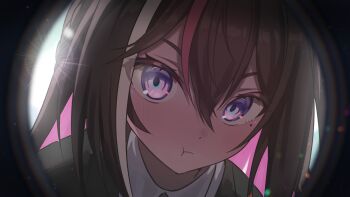 1girl azki_(4th_costume)_(hololive) azki_(hololive) colored_inner_hair hair_ornament highres hololive kumarang long_hair looking_at_viewer mole mole_under_eye multicolored_hair pink_hair pout purple_eyes smile solo streaked_hair virtual_youtuber