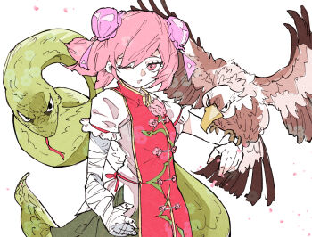 Rule 34 | 1girl, animal, animal on arm, bird, bird on arm, commentary, double bun, eagle, flower, green skirt, hair bun, highres, ibaraki kasen, medium hair, one eye closed, parted lips, pink eyes, pink flower, pink hair, pink rose, pink tabard, rose, shirt, short sleeves, skirt, snake, solo focus, standing, tabard, touhou, tsubuika (syugyouaka), white background, white shirt