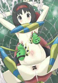 1girl absurdres after_rape ariados arms_behind_back bestiality black_hair blank_eyes breast_sucking breastfeeding bug censored creature crying crying_with_eyes_open erika_(pokemon) gen_2_pokemon giving_birth highres nintendo nipples nude pokemon pokemon_frlg pokephilia pussy rape restrained scared sex_slave short_hair silk spider spider_web spinarak spread_legs streaming_tears tears wakuraba
