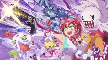 absurdres aiming bakemon bare_shoulders bat_(animal) breasts brown_hair commentary_request cosplay digimon digimon_(creature) digimon_story:_time_stranger dress ear_piercing earrings ginjou_higiri gomamon green_dress green_eyes group_picture gun highres holding holding_gun holding_weapon ibispaint_(medium) indie_virtual_youtuber jewelry original patamon picodevimon piercing renge_(renge1016) seal_(animal) sharp_teeth sheet_ghost short_hair sideboob teeth two-tone_dress upper_body virtual_youtuber weapon white_dress yuuki_kanan yuuki_kanan_(cosplay)