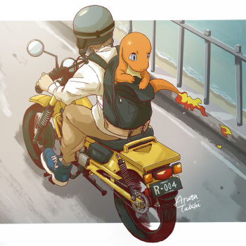 1boy backpack bag blue_eyes blue_shoes brown_pants charmander commentary_request driving fire flame-tipped_tail gen_1_pokemon grey_helmet helmet license_plate motor_vehicle motorcycle nintendo pants peppsi_(saba_sabasuk0) pokemon pokemon_(creature) railing shirt shoes shore signature tail white_shirt