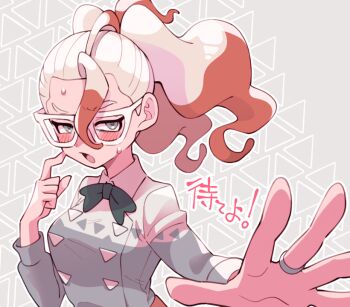 1girl black_bow black_bowtie blush bow bowtie colored_tips glasses grey_eyes griselle_(pokemon) hair_pulled_back hand_on_own_face jewelry minashirazu multicolored_hair nintendo open_mouth orange_hair pokemon pokemon_legends:_z-a raised_eyebrow reaching reaching_towards_viewer ring solo split_ponytail striped_blush upper_body wavy_hair white-framed_eyewear white_hair