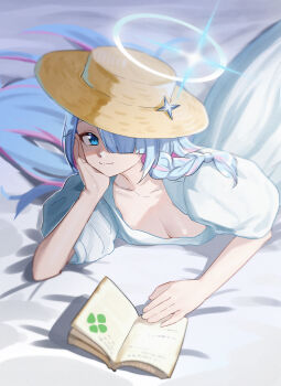 1girl absurdres alternate_costume artist_name bed_sheet blue_archive blue_eyes blue_hair blue_halo blunt_bangs book breasts cleavage closed_mouth collarbone colored_inner_hair commentary_request dated dress film_grain general_student_council_president_(blue_archive) hair_over_one_eye hair_spread_out halo hand_on_own_cheek hand_on_own_face hand_up hat hat_ornament highres long_bangs long_hair looking_at_viewer medium_breasts multicolored_hair one_eye_covered open_book pink_hair puffy_short_sleeves puffy_sleeves shangdi_de_fa_zhang short_sleeves smile solo split_mouth star_(symbol) star_hat_ornament straw_hat sun_hat two-tone_hair upper_body very_long_hair white_dress