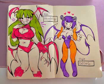 2girls animal_print arm_warmers bare_shoulders bat_wings bikini blush boots breasts bridal_gauntlets claws cleavage cleavage_cutout clothing_cutout commentary cosplay costume_switch curled_horns darkstalkers demon_girl demon_horns demon_tail demon_wings english_commentary english_text fairy fang feet_out_of_frame fingernails full_body fur-trimmed_leotard fur_arm_warmers fur_bikini fur_leg_warmers fur_shirt fur_trim green_hair hatching_(texture) head_wings heart highleg highleg_leotard highres horns large_breasts leg_warmers leotard long_hair low_wings marker_(medium) midriff monster_(monster_farm) monster_farm monster_girl morrigan_aensland morrigan_aensland_(cosplay) multiple_girls navel off-shoulder_leotard ojou-sama_pose open_mouth orange_bridal_gauntlets orange_pantyhose pantyhose pink_bikini pink_fur pink_leg_warmers pink_top pink_wings pixie_(monster_farm) pixie_(monster_farm)_(cosplay) purple_boots purple_hair purple_leotard purple_wings runmarlyrun sharp_fingernails short_hair sketch sketchbook smile swimsuit tail traditional_media wings