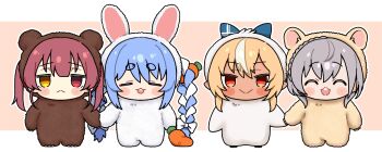 Rule 34 | :>, ^ ^, animal costume, bare shoulders, bear costume, bird costume, blonde hair, blue hair, braid, braided twintails, chibi, chibi only, closed eyes, commentary request, full body, grey hair, hamster costume, highres, holding hands, hololive, houshou kumarine, houshou marine, jitome, multicolored hair, official alternate costume, okunin, onesie, orange eyes, rabbit costume, red hair, shiranui flare, shirogane noel, twin braids, twintails, two-tone hair, usada pekora, virtual youtuber, white hair