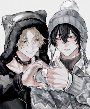 Rule 34 | 2boys, absurdres, animal hood, beanie, black hair, blonde hair, cardigan, cat hood, choker, closed mouth, collared shirt, commentary, eyes visible through hair, fang, fur-trimmed hood, fur trim, grey background, grey cardigan, grey eyes, hair between eyes, half-heart hands, hat, highres, hood, hoodie, layered clothes, looking at another, male focus, mole, mole on cheek, mole on neck, mole under eye, multiple boys, multiple moles, original, oysi mysi, safety pin, shirt, smile, studded choker, sweater, symbol-only commentary, thumbs up, turtleneck, turtleneck sweater, watermark