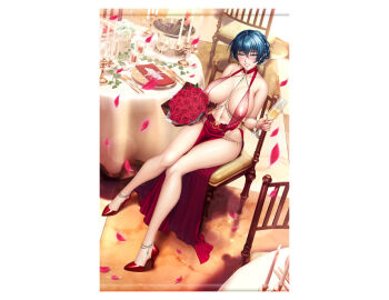 1girl alternate_costume alternate_hairstyle blue_hair blush breasts curvy dress drink full_body hair_bun holding holding_drink igawa_asagi indoors kagami_hirotaka large_breasts lilith-soft looking_at_viewer official_alternate_costume petals red_dress revealing_clothes see-through_clothes see-through_dress shiny_skin sitting smile taimanin_(series) taimanin_asagi taimanin_rpgx wide_hips