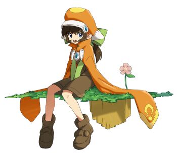 1girl blue_eyes bow brown_hair cape flower full_body hat highres long_hair looking_at_viewer marguerite_fatima open_mouth orange_hat piko_han simple_background smile solo white_background xenogears