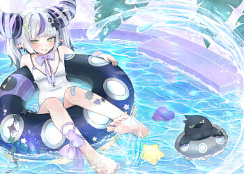 Rule 34 | 1girl, absurdres, afloat, ahoge, bandaid, bandaid on knee, bandaid on leg, bare shoulders, barefoot, black hair, blush, bow, casual one-piece swimsuit, colored tips, commentary request, crow (la+ darknesss), day, demon girl, demon horns, ear piercing, earrings, embarrassed, fang, feet, flat chest, furrowed brow, grey hair, heart, highres, hololive, horns, innertube, jewelry, la+ darknesss, looking at viewer, multicolored hair, nail polish, nemuta muu, one-piece swimsuit, open mouth, outdoors, outline, piercing, plant, pointy ears, pool, purple bow, purple hair, purple nails, purple scrunchie, scrunchie, soles, solo, sparkle, splashing, star (symbol), sticker, streaked hair, striped horns, swim ring, swimsuit, toenail polish, toenails, toes, twintails, virtual youtuber, water, wavy mouth, white one-piece swimsuit, white outline, wrist scrunchie, yellow eyes