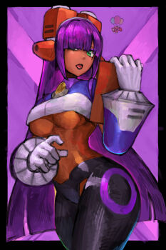 1girl breasts capcom green_hair highres large_breasts layer_(mega_man) long_hair mega_man_(series) midriff purple_hair solo underboob