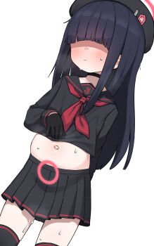 1girl beret black_choker black_hair black_hat black_sailor_collar black_serafuku black_skirt black_thighhighs blue_archive choker cowboy_shot halo hat highres justice_task_force_member_(blue_archive) lakilolom loli long_hair long_sleeves navel neckerchief pleated_skirt pregnancy_halo pregnant red_halo red_neckerchief sailor_collar school_uniform serafuku simple_background skirt solo thighhighs white_background