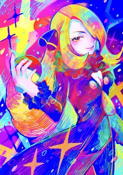 Rule 34 | 1girl, blonde hair, breasts, cleavage, closed mouth, coat, colorful, cynthia (pokemon), fur collar, fur trim, grey eyes, hair ornament, hair over one eye, highres, long hair, long sleeves, looking at viewer, nintendo, otonoha aika, pokemon, pokemon dppt, pokemon platinum, smile, solo, very long hair