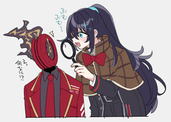 1boy 1other aqua_eyes black_coat black_hair black_shirt bow bowtie brown_capelet capelet clock coat collared_shirt commentary dante_(limbus_company) fire half_updo highres holding holding_magnifying_glass hong_lu_(project_moon) lapels limbus_company long_hair magnifying_glass necktie notched_lapels object_head one_eye_closed open_mouth project_moon red_bow red_bowtie red_coat red_necktie shiki_(shikki46) shirt simple_background smile translated very_long_hair white_background