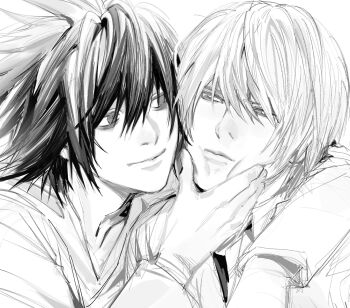 2boys adam&#039;s_apple arm_around_shoulder cheek_pinching commentary death_note greyscale highres l_(death_note) light_smile looking_at_another male_focus monochrome multiple_boys pinching ruttika_shin shirt short_hair simple_background squeezing_cheeks symbol-only_commentary white_background yagami_light yaoi