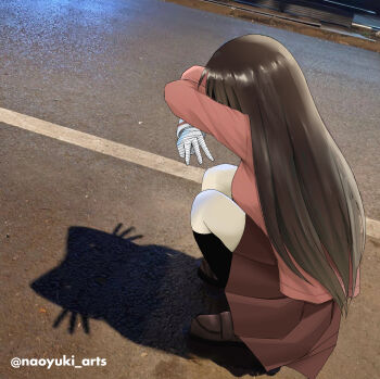 Rule 34 | 1girl, absurdres, arms up, azumanga daioh's school uniform, azumanga daiou, bandaged hand, bandages, black socks, brown hair, brown shoes, cat shadow puppet (meme), double w, from side, full body, highres, long hair, meme, middle w, naoyuki arts, photo background, pleated skirt, red shirt, red skirt, road, sakaki (azumanga daioh), school uniform, shadow, shadow puppet, shirt, shoes, skirt, socks, solo, squatting, twitter username, very long hair, w
