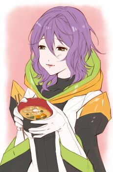 1girl eri_(difference) food gina_(gnosia) gloves gnosia hair_between_eyes heterochromia highres hood hoodie long_sleeves medium_hair purple_hair solo upper_body wavy_hair