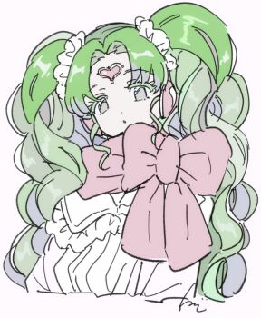 1girl bow colored_eyelashes cropped_torso falulu falulu_(awakened) forehead_jewel green_hair grey_eyes hair_ornament hair_scrunchie headphones long_hair looking_at_viewer parted_bangs pink_scarf pretty_series pripara rituyama1 scarf scarf_bow scrunchie simple_background solo sweater twintails upper_body white_background white_sweater winter_clothes